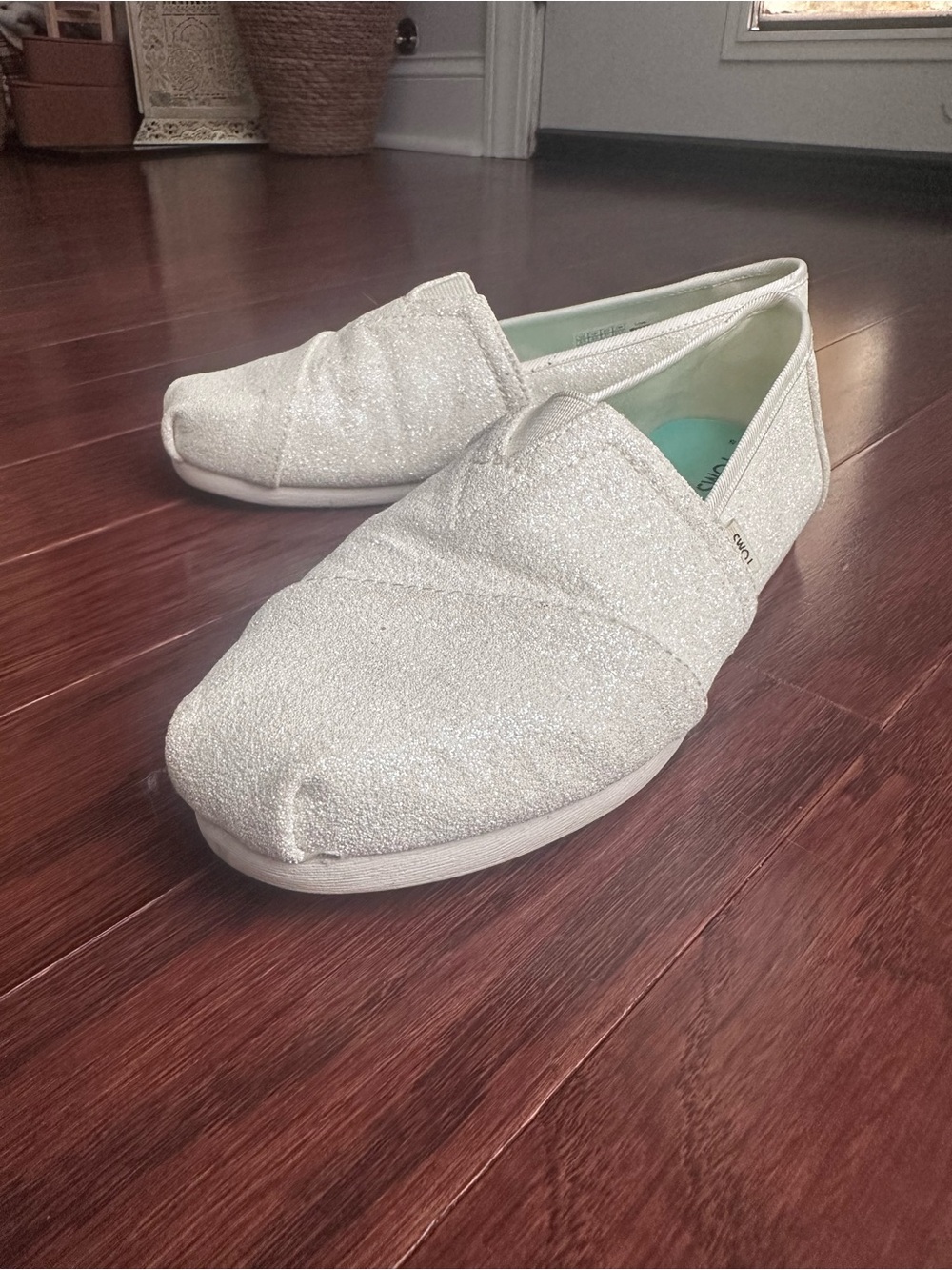 NWOT Toms White/Silver Sparkle Classic Alpargata Flats